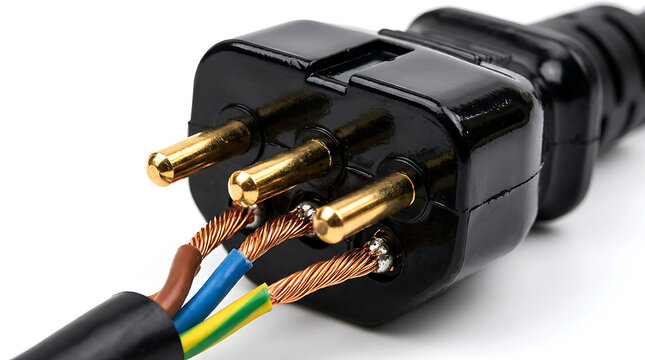 Close up of an electrical power cord with exposed copper wire strands.