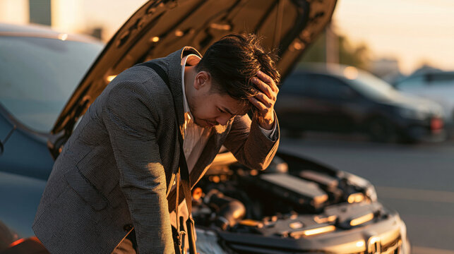 Asian businessman car broken breakdown, angry young stressed man stands trouble car failure problem looking in frustration at failed engine in morning