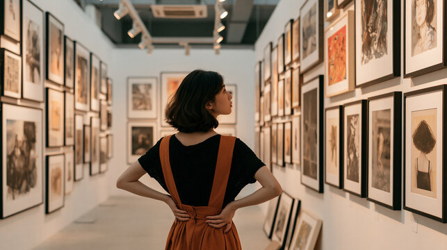 Asian woman standing she looking art gallery in front of colorful framed paintings pictures on white wall, people watch at photo frame to leaning against at show exhibition