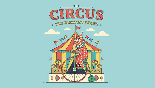Vintage circus poster showing a talented monkey riding a penny farthing bicycle in front of a big top tent.