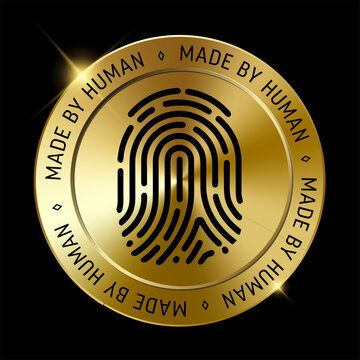 A shiny gold seal featuring a fingerprint symbol and Made by Human text. This premium gold seal emphasizes human creation, highlighting the fingerprint in a luxury gold seal design.