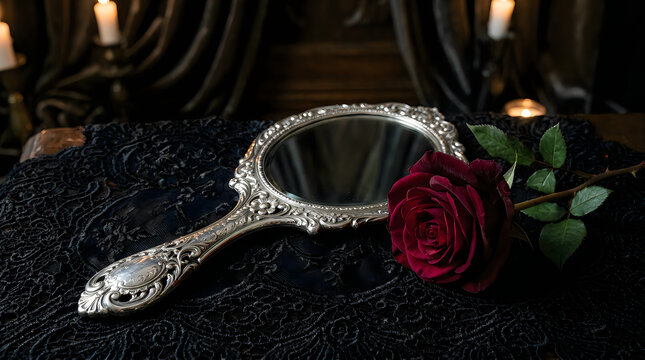 Vintage hand mirror with red rose on dark gothic table