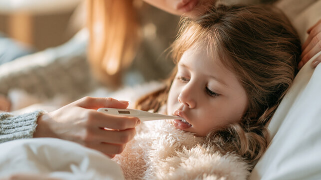 Sick kid. Mother checking temperature of her sick daughter with thermometer in mouth