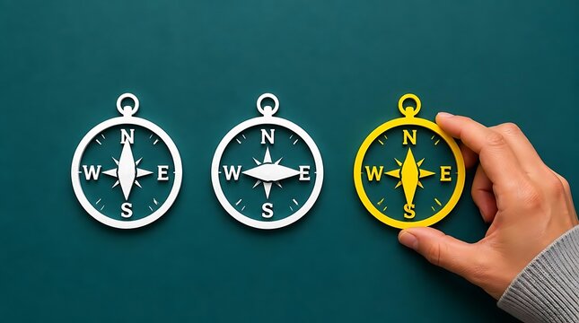 Hand holding a yellow compass choice among white navigation tools