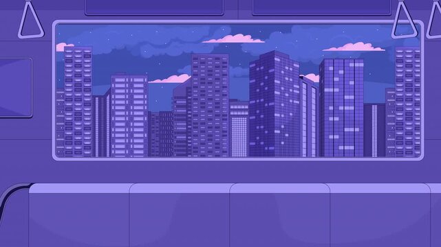 Night city skyline viewed from empty train interior animated background. Hand straps swaying. Subway car window cityscape. Vacant metro carriage. Urban transit. Flat 2D cartoon backdrop animation