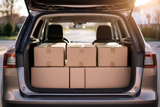 Packed car ready for delivery in a suburban area during sunset
