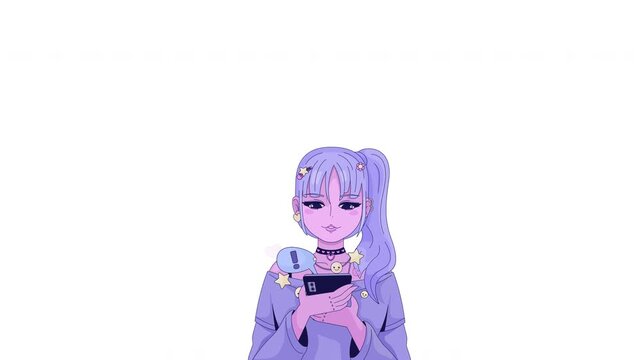 Anime girl with pastel purple ponytail looking at smartphone 2D character animation. Cute digital lifestyle. Teenager texting on social media animated person cartoon 4K video on transparent background