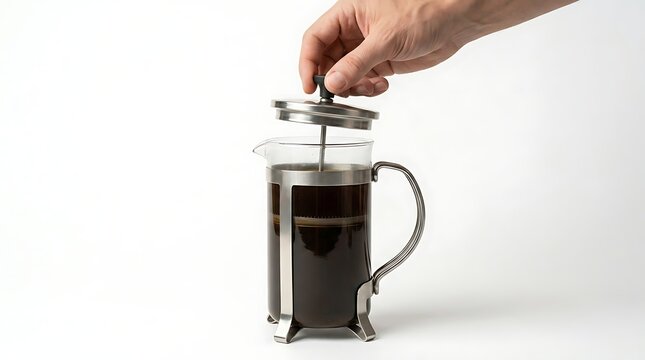 Person pushing the plunger of a glass French press filled with fresh coffee on a white background