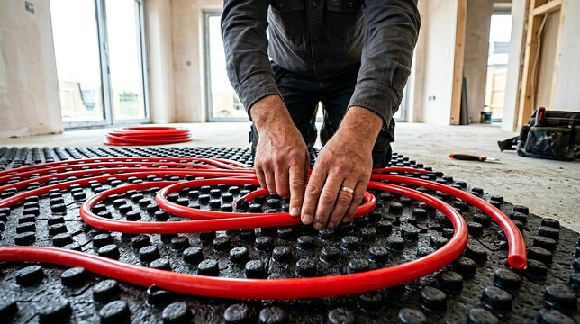 Plumber hands laying flexible red PEX pipes for underfloor radiant heating system. Close up of professional contractor fixing climate control loop in energy efficient house construction.