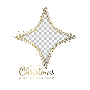 Elegant Christmas star frame template with glittering gold lines for holiday photos. Add your image to this festive Christmas star frame for a sparkling New Year.