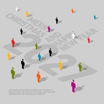Diverse isometric people gather around 2027 text for Christmas and New Year. Colorful isometric people symbolize a global community in this 2027 celebration graphic.