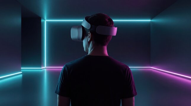 A man wearing a virtual reality headset standing inside a room with neon light lines with room illuminated glowing behind wears virtual glowing blue purple viewed behind entertainment interactive