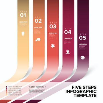 This five steps infographic template features colorful curved ribbon stripes for your presentation. Use this clear infographic template to display business steps and workflow.
