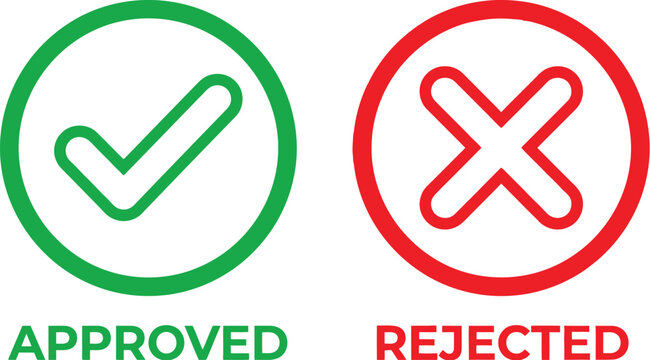 Green approved check mark and red rejected cross icons set isolated on a white background