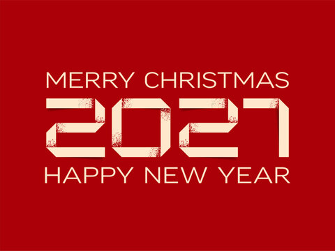 Celebrate with this Merry Christmas and Happy New Year 2027 card featuring paper fold numbers. This red background design is perfect for your holiday and Happy New Year 2021 wishes.