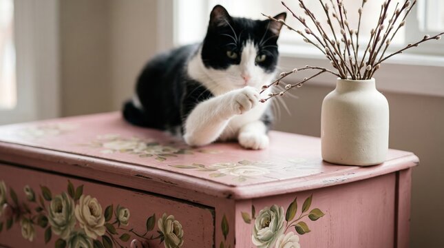 Cat reaching toward flowers on a colorful dresser in a visible setting