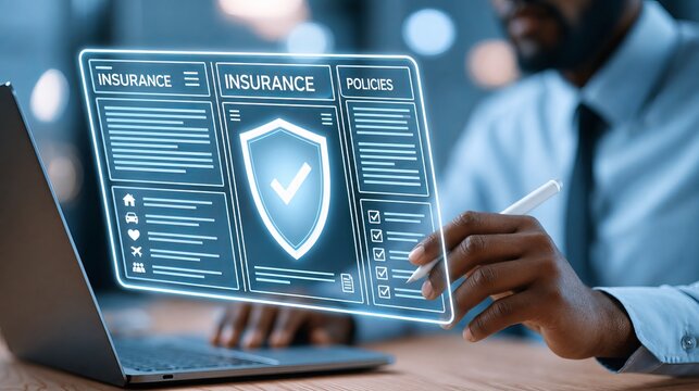 Business professional using stylus on glowing insurance policy interface with shield and approval checklist, close up in modern office