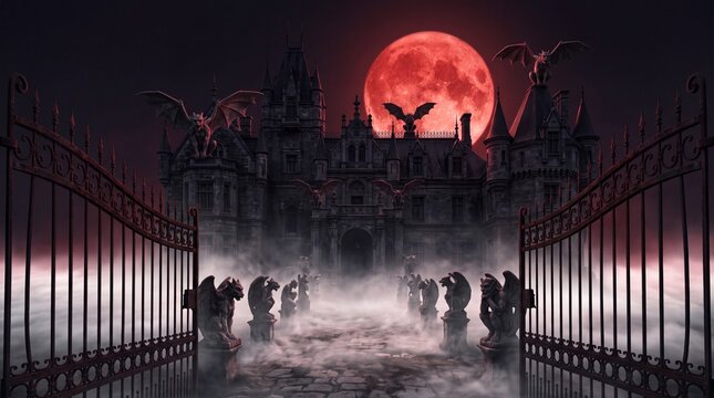 Spooky gothic haunted mansion with open iron gate and red moon at misty night