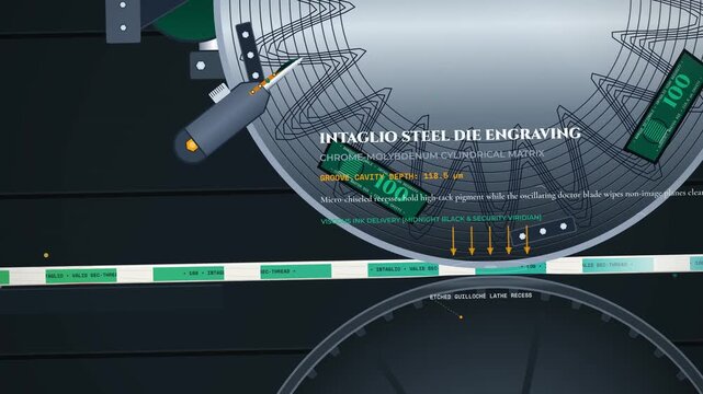 3D infographic animation of sovereign intaglio banknote printing process showing steel die engraving, specialized cotton rag substrate embedding, hydraulic tonnage transfer, and ink relief structure