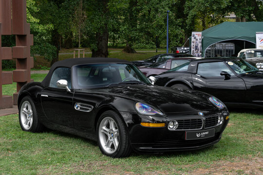 Mondorf-les-Bains, Luxembourg - September 13th 2026 : View on a black BMW Z8 parked on a lawn.