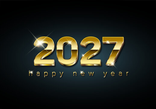 Celebrate the happy new year 2027 with this elegant 3D golden text design. This happy new year 2027 graphic features sparkling lights on a dark background for a luxurious feel.