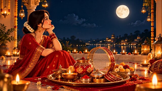 Indian woman celebrating karwa chauth festival looking at the full moon