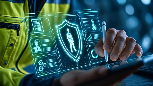 Construction worker using stylus on glowing workplace safety dashboard with shield, checklist and monitoring icons, close up in industrial setting