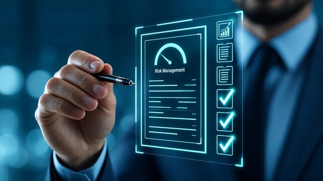 Business professional using pen with glowing risk management dashboard, checklist, performance gauge and approval icons, close up in modern office