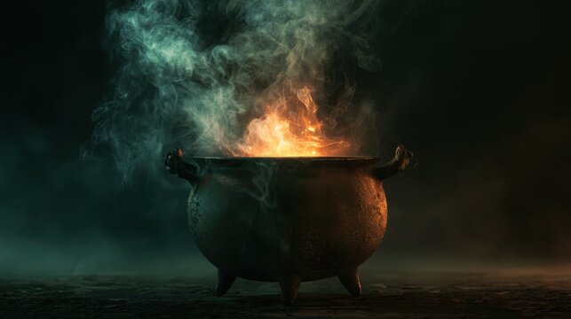 Ancient metal cauldron with fire and smoke rising in dark mysterious atmosphere on stone floor