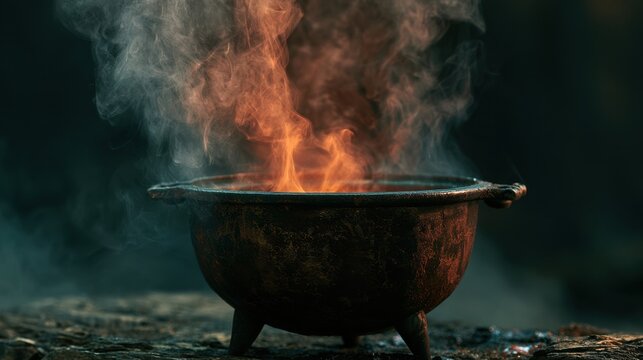 Dark rustic cauldron emitting thick smoke and bright orange flame in outdoor setting with blurred background and moody lighting atmosphere