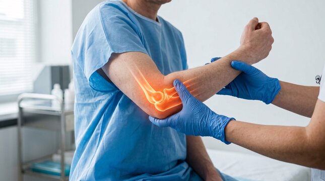 Medical professional in blue gloves examining a patient's bent arm, featuring a glowing anatomical 3D overlay of the elbow joint, humerus, radius, and ulna bones.