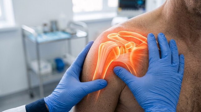 Doctor wearing blue gloves examining a patient's shoulder and clavicle area, showing glowing anatomical visualization of the rotator cuff and shoulder bones.
