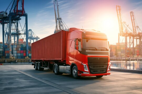 Truck parked at a shipping yard with containers and cranes during sunset hours