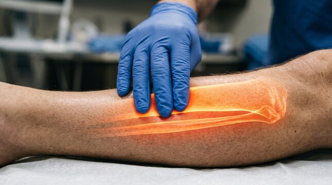 Doctor wearing blue gloves placing hands on a patient's shin, featuring a glowing 3D anatomical visualization of the tibia bone.