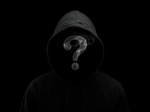   
Close up hooded figure with smoke question mark face