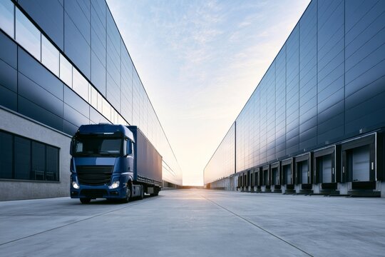 Truck driving between large warehouses at sunset