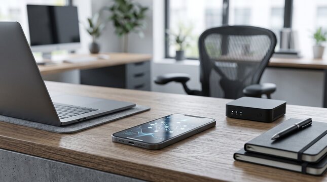 Modern office desk with laptop smartphone and notebooks in bright workspace