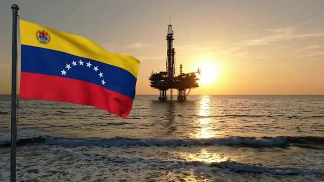 Venezuelan flag waving over offshore oil rig at sunset, energy industry and economic concept petroleum