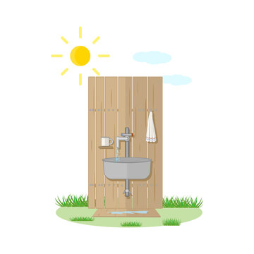 Outdoor wooden wash basin in backyard. Summer outdoor hand wash station on grass.Rainwater harvesting for garden basin. For outdoor living, gardening hygiene and backyard solutions concept. Vector