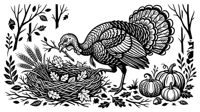 A vintage thanksgiving scene turkeys pumpkins and autumn foliage in a classic black and white illustration