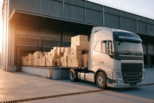 Delivery truck parked at a loading dock with stacked boxes in an industrial area during sunset
