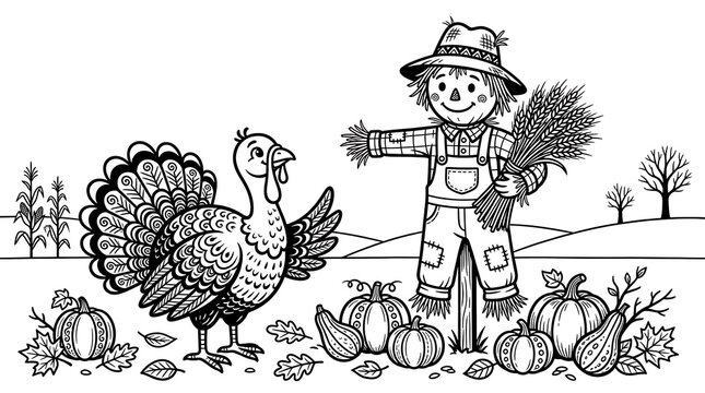 A charming thanksgiving scene featuring a turkey scarecrow and pumpkins evoking autumnal feelings