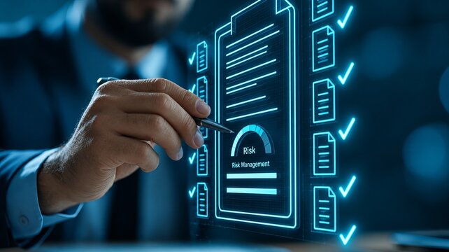 Business professional pointing with pen at glowing risk management dashboard with document checklist and gauge, close up in modern office