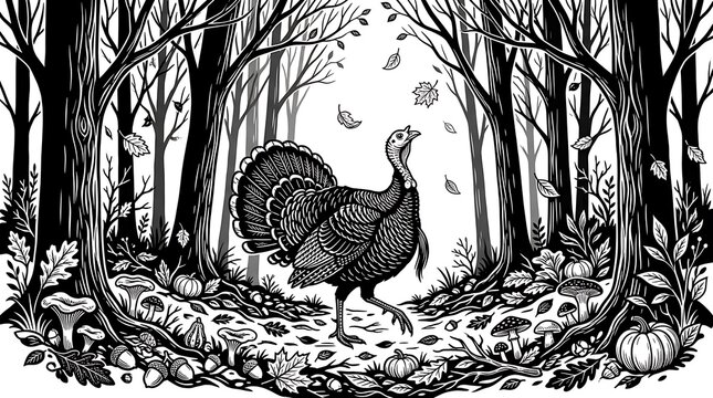 A majestic turkey proudly displays itself amongst the tall trees of the autumn forest