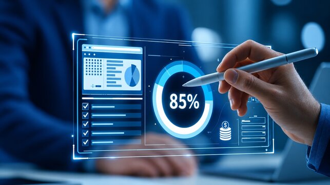 Business professional using stylus on glowing financial performance dashboard with 85 percent gauge, checklist, pie chart and currency icons, close up in modern office