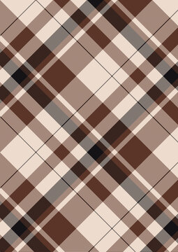 Seamless vector diagonal plaid tartan pattern with brown, beige, cream, grey, and black intersecting lines, classic checkered geometric fabric textile wallpaper background design for apparel