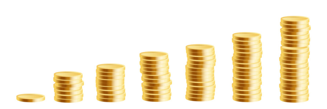 Golden coin stack vector illustration with growth arrow isolated on white background. Flat cartoon design of wealth accumulation, financial success, revenue increase, and income growth concept.