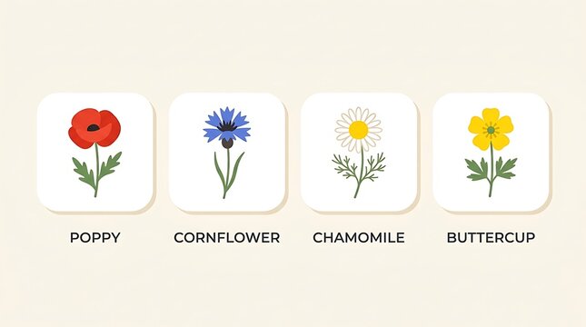 Collection of common wildflower icons featuring poppy cornflower chamomile and buttercup designed in a minimalist flat vector style for botanical illustrations and educational resources