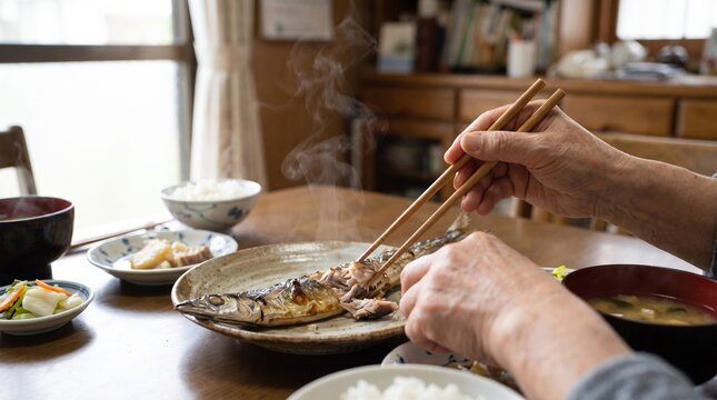 湯気立つ焼きたてサンマの塩焼きを箸でほぐす年配者の手元と家庭の食卓