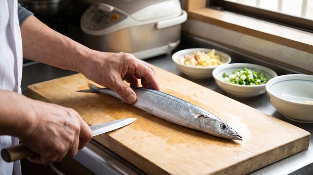 木製まな板の上で新鮮なサンマを包丁で下処理する料理人の手元